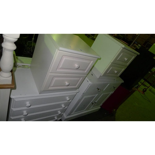 92 - 2 white bedside cabinets, 1 white chest of drawers and 1 white painted cabinet