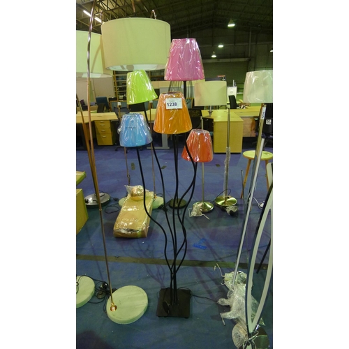 1238 - 1 black metal 5 branch floor lamp with 5 various colour shades