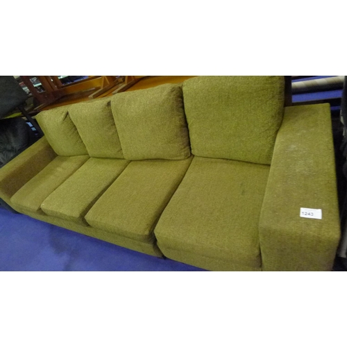 1243 - A green corduroy upholstered 4 person sofa (will split to make moving easier)