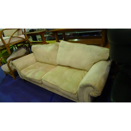 1245 - 1 light fabric upholstered 3 person sofa with wood legs and brass wheels