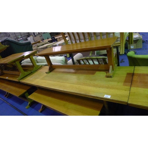 1252 - 1 vintage oak refectory type table approx 2.13m x 76cm and 2 oak benches each approx 1.5m