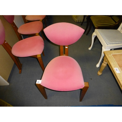 99 - 8 vintage Danish style three leg wooden framed chairs - upholstery is slightly faded