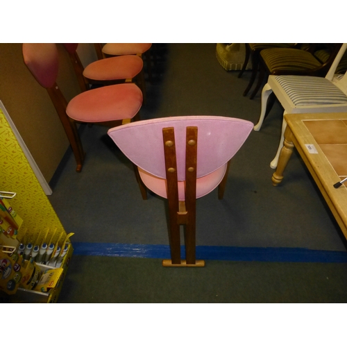 99 - 8 vintage Danish style three leg wooden framed chairs - upholstery is slightly faded