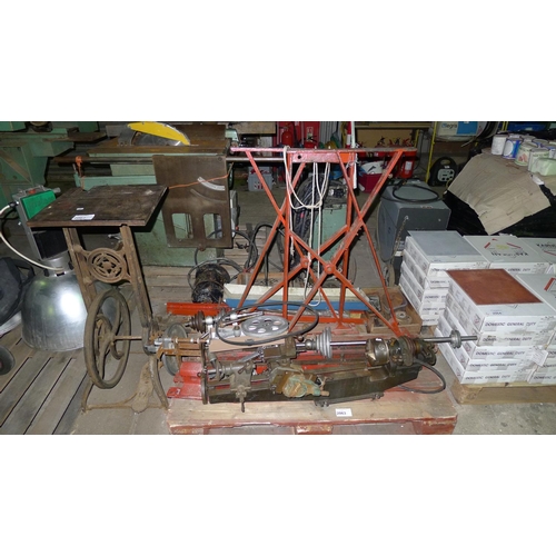 2063 - 1 pallet containing a vintage metal turning lathe (no make visible) with a stand, a motor, various t... 