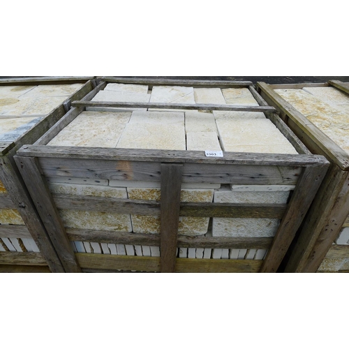 3303 - 1 wooden crate containing a quantity of various size limestone floor tiles - contains approx 18-20 s... 