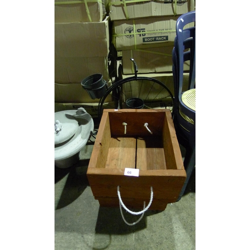 66 - 2 wooden planters & 1 bicycle wheel planter