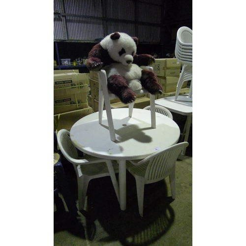 68 - 1 white plastic circular garden table, 4 chairs & a panda soft toy