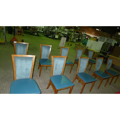 1692 - 10 wood framed chairs with turquoise upholstered fabric backs and wipe clean seat pads