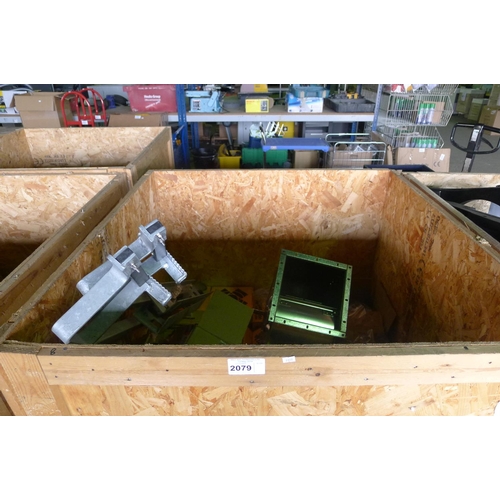 2079 - 1 wooden crate containing a quantity of various unused plant spares including large precision univer... 