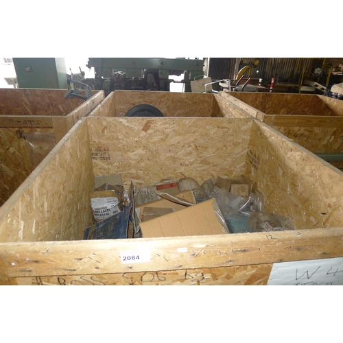 2084 - 1 wooden crate containing a quantity of various unused plant spares including Mercedes pulleys, filt... 