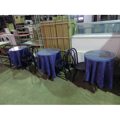 1724 - 3 round wooden cafe type tables and 6 plastic blue cafe type chairs