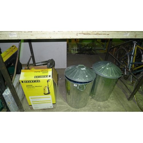 73 - 1 pressure washer by Champion 1600w, 240v & 2 metal dustbins with lids (Trade)