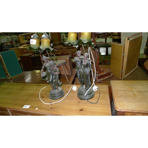 750 - Two similar reproduction bronzed table lamps each with two figures and two small shades