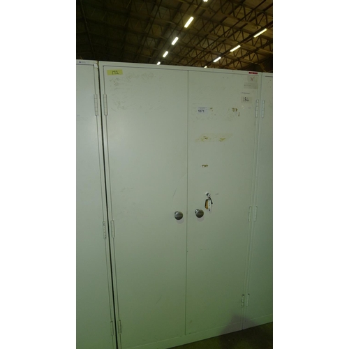 1071 - 1 white metal heavy duty 2 door storage cabinet approx 6ft by 3ft supplied with 1 key