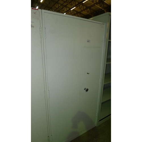 1072 - 1 white metal heavy duty 2 door storage cabinet approx 6ft by 3ft supplied with 1 key