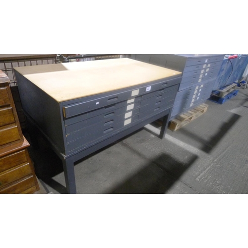 3003 - A grey single section 5 drawer plan press size approx 1.46m wide, 88cm deep & 41cm high also supplie... 