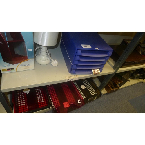 541 - A quantity of LP records and various plastic trays and office sundries etc (3 shelves)