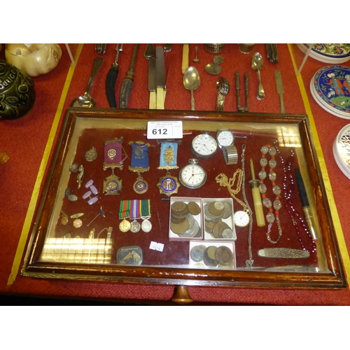 612 - A quantity of miscellaneous medals, cufflinks, coins, watches, pen knives and silver plated cutlery ... 