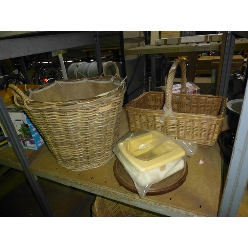 73 - 4 large baskets, 1 wooden tray and 1 cat flap. Contents of one bay / 3 shelves