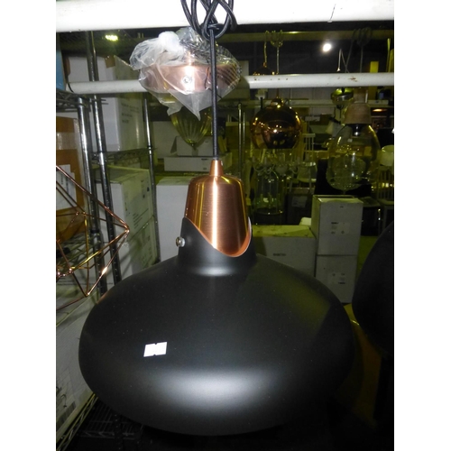 266 - 1 copper effect geometric pendant light, 1 black and copper dome pendant light and one black domed p... 