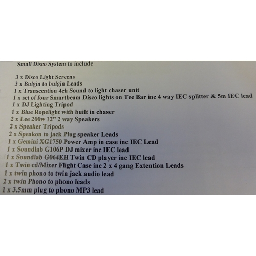 134 - A complete disco system including lights, a twin CD player with mixer, speakers, leads, power amp et... 