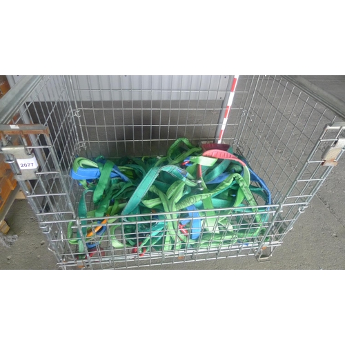 2077 - A quantity of various lifting slings, strops, metal D shackles etc. Contents of one stillage which i... 