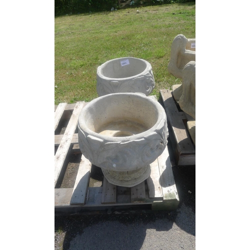 1603 - 2 concrete garden 2 piece planters - leaf decoration on sides