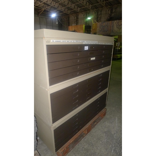 1015 - A three section 15 drawer coffee / cream plan chest