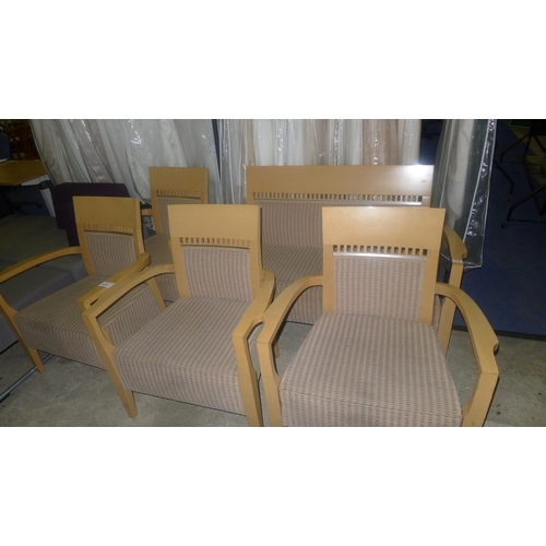 1079 - 4 wood framed upholstered chairs & 1 wood framed two person seat