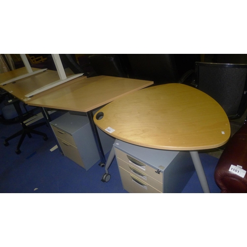 1102 - 1 small shield shaped table, 1 trapezium shaped table and 2 pedestals