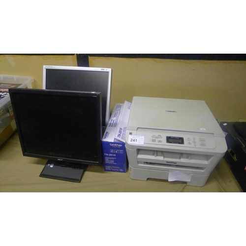 241 - One wireless office printer by Brother type dcp-7055wu and two computer monitors. A toner cartridge ... 