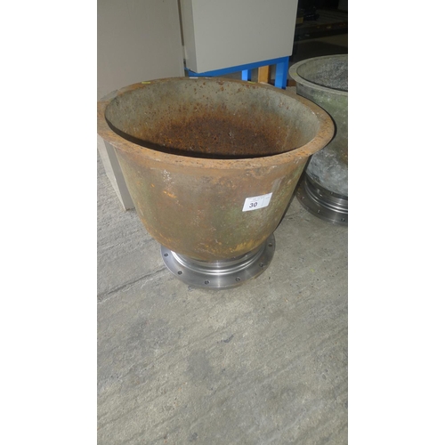 30 - 1 vintage metal planter with a modern stainless steel base