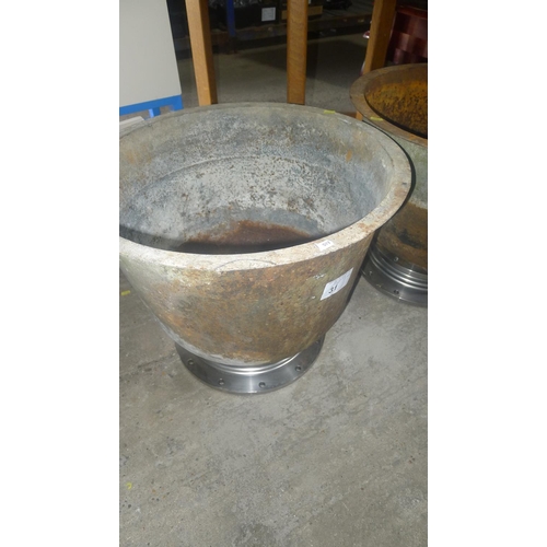 31 - 1 vintage metal planter with a modern stainless steel base