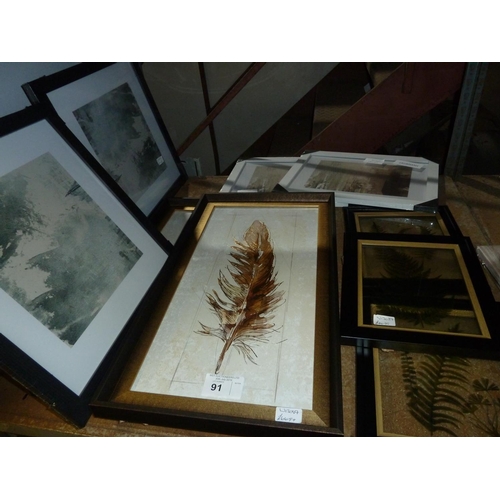 91 - 9 various framed prints / prints on glass. Combined RRPs in region of £200. Contents of one shelf