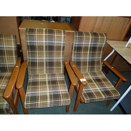 113 - 1 vintage wood framed three piece suite (3+1+1) together with 2 other non matching chairs. Settee wi... 