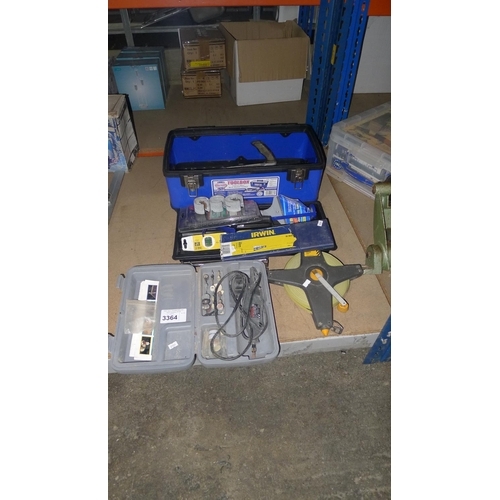 3364 - A quantity of various items including a Dremel multitool, a tool box, various hand tools etc