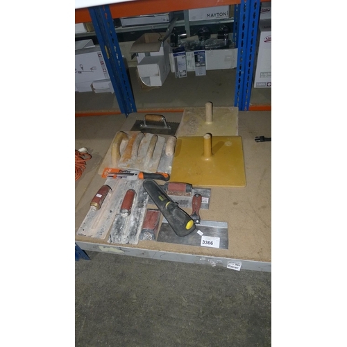 3366 - A quantity of various plasterers tools including trowels, hawks, a Stanley Fat Max knife etc