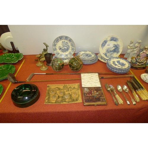 665 - 2 glass floats, 2 vintage golf clubs & a quantity of miscellaneous decorative chinaware and ornament... 