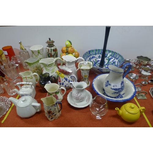 671 - A blue and white jug and basin set, a quantity of miscellaneous large bowls, jugs and vases etc