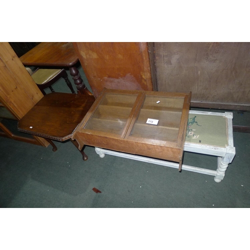 772 - A double footstool, a small oak wall mounted cabinet and an oak coffee table