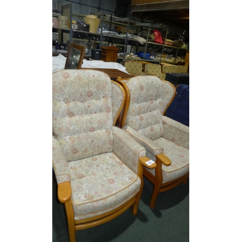 105 - 2 wood framed upholstered wing back arm chairs