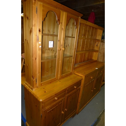 77 - 1 pine two part dresser with 2 glass doors above / built in light (Trade)