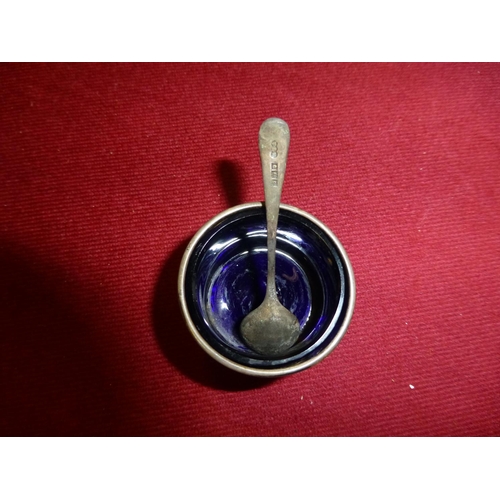 606 - A small quantity of Maundy money, a silver salt with spoon and a silver backed brush