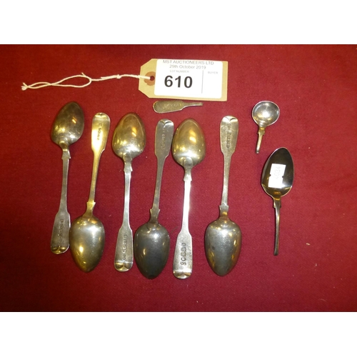 610 - 6 silver teaspoons and two broken silver spoons