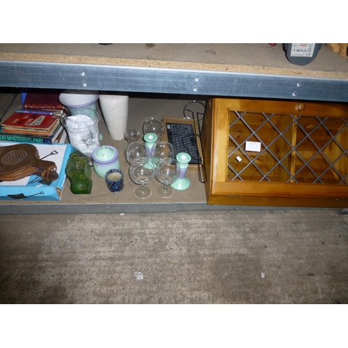 67A - 1 pine corner cabinet & a quantity of various household items including a set of bellows, a snow sho... 