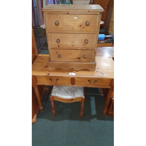 99 - 1 pine hall table, 1 small pine chest of 3 drawers, & 1 stool (Trade)