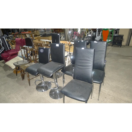 63 - 3 black upholstered dining chairs, 3 black upholstered stools & 1 cream upholstered stool please not... 