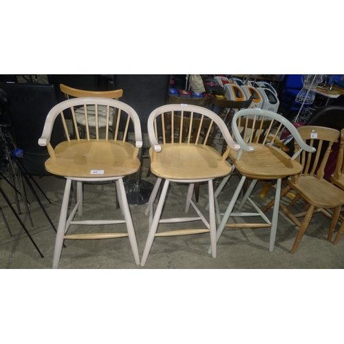 65 - 3 wooden stools with painted legs (2 match in colour & 1 is a different colour)