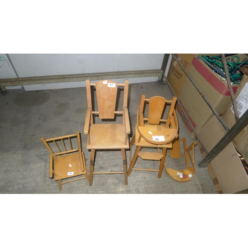 92 - 2 novelty mini wooden high chairs & 1 novelty mini wooden chair