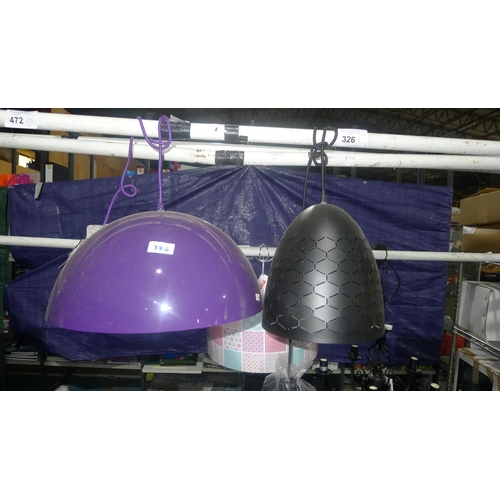 326 - One purple domed pendant light by Premier and 1 black bell shaped pendant light